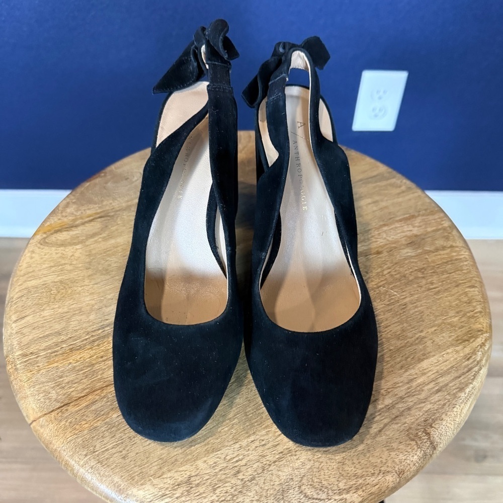 Anthropologie Black Suede Tied Slingback Heels | Size 7